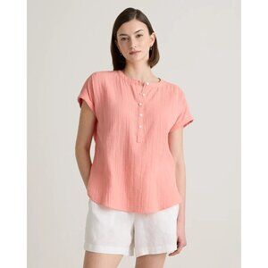 Quince Organic Cotton Gauze Button Front Coral Roll Sleeve Short Blouse M Women